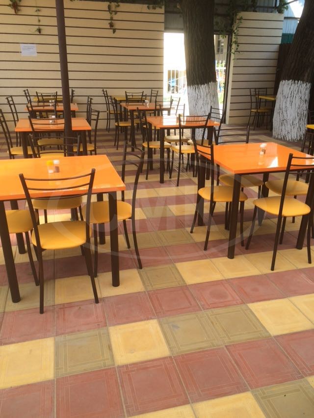 Столы и стулья в столовой (каркасы металлические цвет антик медный, столешницы пластик оранжевый глянец, сиденье винилискожа оранж) . Выполнены на заказ.